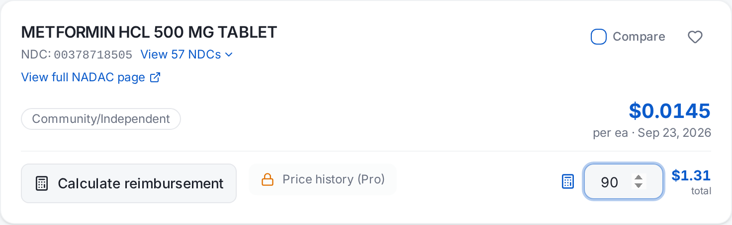 Search result for Metformin HCL 500 mg tablet, NDC 00378718505, showing a NADAC price of $0.0145 per tablet effective Sep 23, 2026, and a $1.31 total for 90 tablets